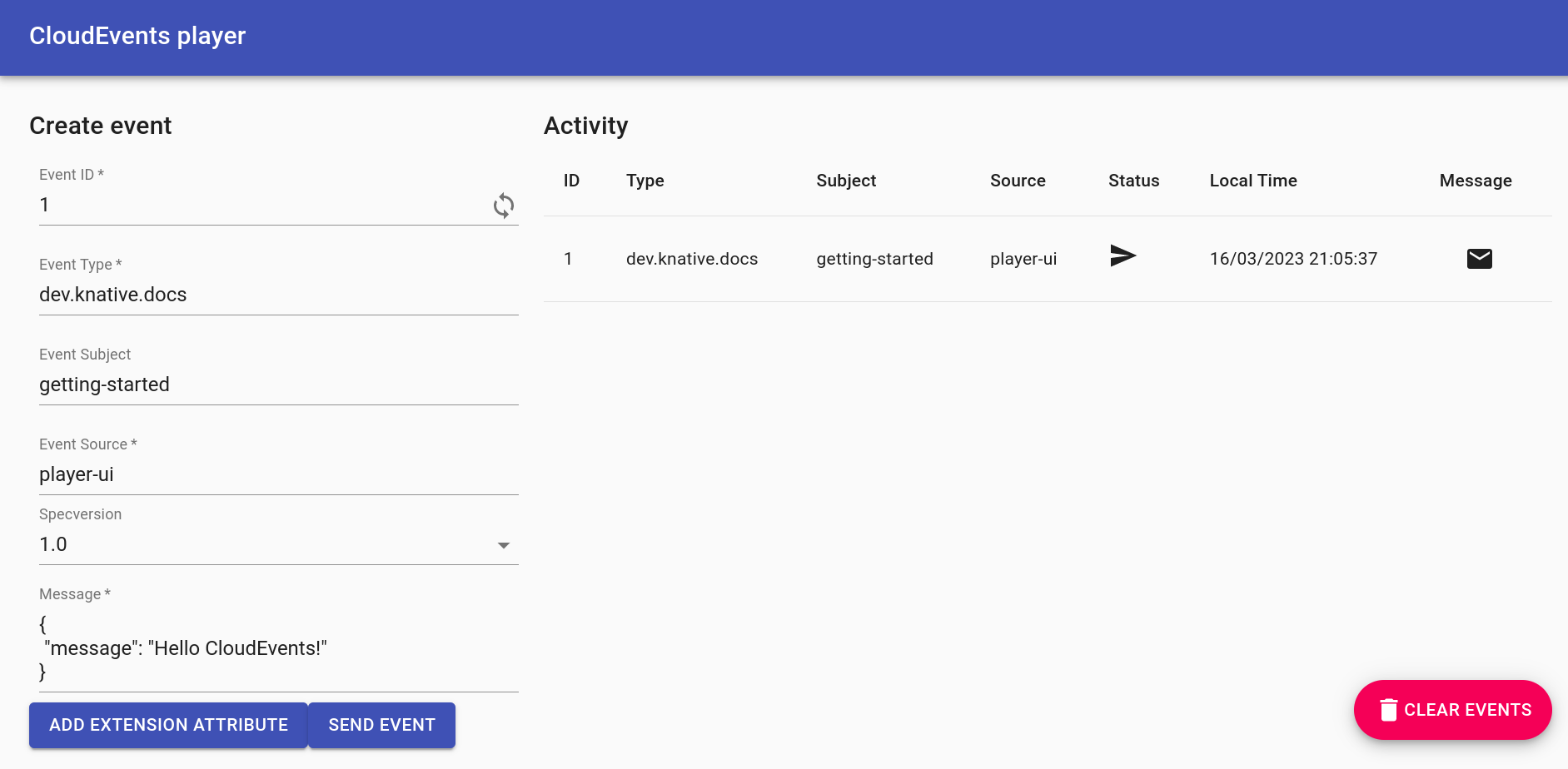 CloudEvents Player Send